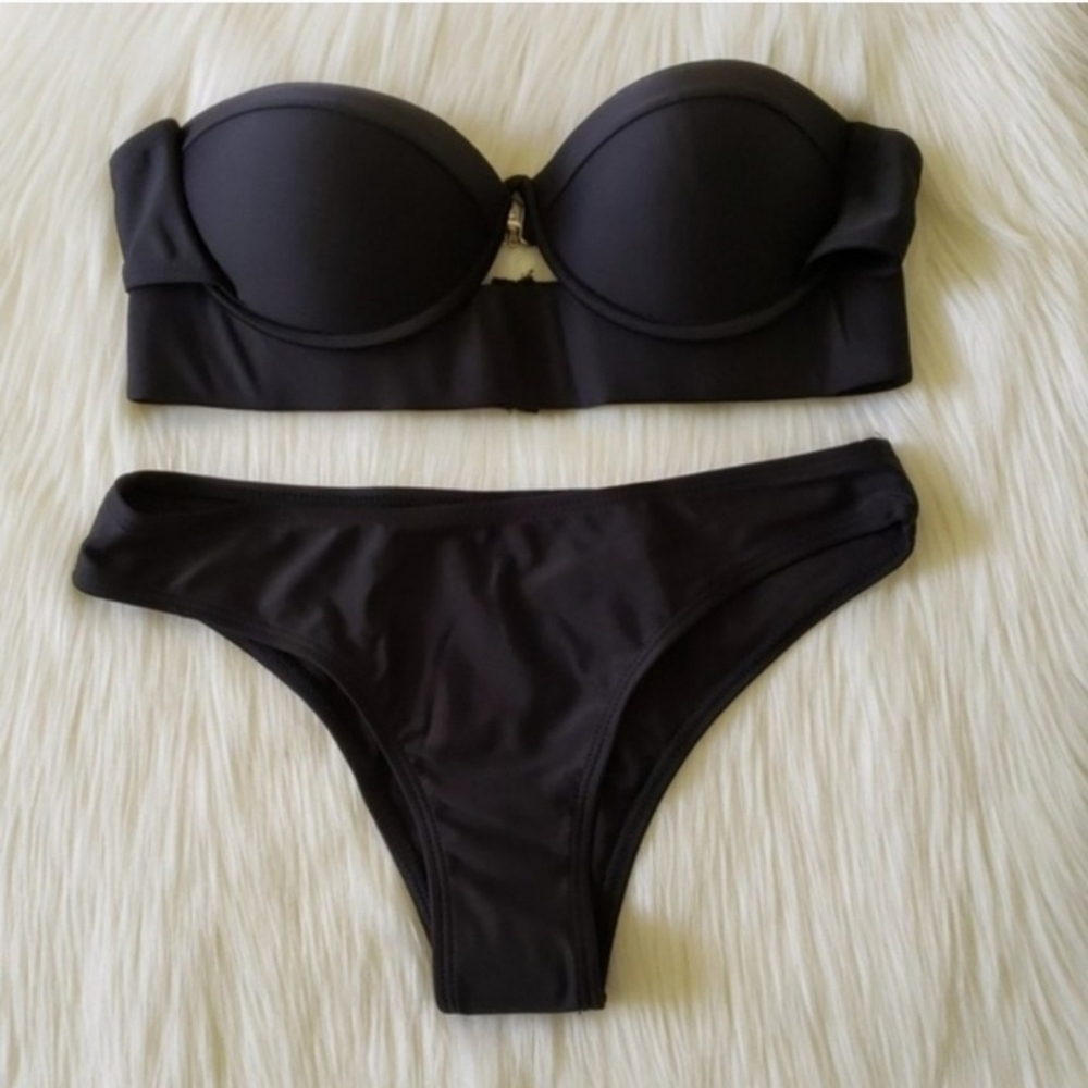 New Black Push Up Underwire Top Bikini Set Swimsuit Size L - Picture 3 of 8